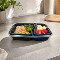 Contenants de préparation de repas à 2 compartiments avec couvercles, modèle américain 6828, en plastique noir moulé par injection, sans BPA, réutilisables, compatibles micro-ondes