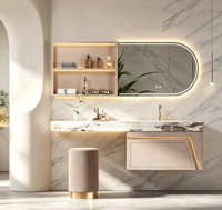 Meuble de salle de bain moderne en aluminium aérospatial avec comptoir en marbre naturel et miroir LED intelligent mural pour appartements, hôtels et villas