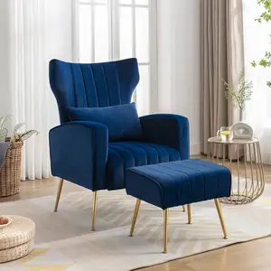 Divano moderno sedie per soggiorno in velluto blu tessuto morbido cuscino schienale alto Casual divano singolo persona con poggiapiedi