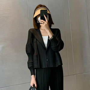 Elegante Blazer Corto Plisado Estilo Miyake para Mujer, Manga <span class=keywords><strong>Farol</strong></span> Única, Sin Arrugas, Transpirable, Informal, para Oficina, con Botones - Product Image 4
