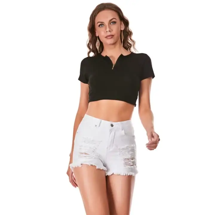 2022 Summer Explosive Amazon New spot ripped hole washed black and white high waist temperament commuter women's denim shorts