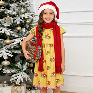 Vestido Infantil Personalizable con Estampado de Zorro para Niñas - Vestido Tipo A de Manga Corta con Volantes y Adorno de Pompones, Ropa Casual para Niños - Product Image 5