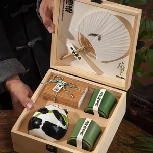 Panda Theme Wooden Tea <b>Box</b> Handmade Paulownia Rectangle <b>Gift</b> Packaging For Chinese Style Tea Set - Product Image 3