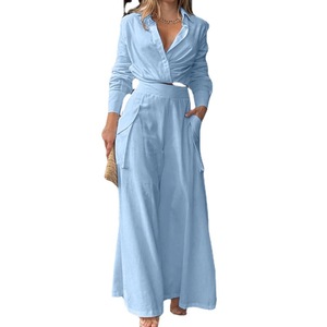 Nouveautés Vente Chaude Ensemble Chemise à Manches Courtes ou Longues Couleur Unie Casual pour Femmes Pantalon Large à Taille Haute 2 Pièces Ensembles pour Femmes - Product Image 3