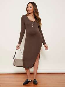 <span class=keywords><strong>Robe</strong></span> boutonnée sur le devant fendue sur les cuisses <span class=keywords><strong>Robe</strong></span> <span class=keywords><strong>enceinte</strong></span> tricotée longue <span class=keywords><strong>Robe</strong></span> de maternité Pyjamas Femmes - Product Image 4