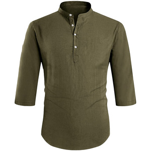 Shinesia Factory <span class=keywords><strong>Outlet</strong></span> Camisa de lino de algodón con cuello Henry de manga media Hawaiana de color sólido para <span class=keywords><strong>hombre</strong></span> - Product Image 3