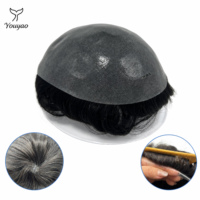 Sistem Penggantian Rambut Pria Grosir 0.08mm Skin Knotted PU Base 100% Rambut Asli India Remy Toupee Garis Rambut Tak Terlihat