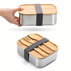 High Quality Stainless Steel Divider Bento Boxes <b>Rectangle</b> Thermal Insulation Bamboo Lid Lunch Box Rubber Band 1-3L Freshness - Product Image 2