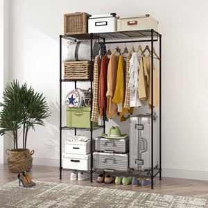 WELLAND Armoire de rangement moderne à 6 niveaux, étagères métalliques réglables, porte-vêtements avec barres simples et crochets latéraux - Product Image 3