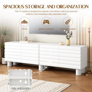 Elegante Mueble para TV de Estilo Mid-Century con Vidrio Ondulado Grueso, MDF, Estantes Ajustables, Estilo Crema, Montaje en Suelo, 4 Gabinetes, Consola Multimedia de 75 Pulgadas - Product Image 4