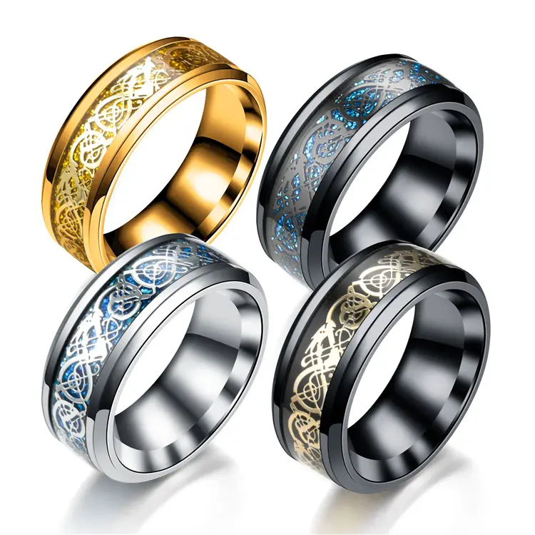 Popular 8mm Wide Silver Color Celtic Dragon Inlay High Polished Beveled Edges Celtic Men Women Stainless Steel Mans Rings