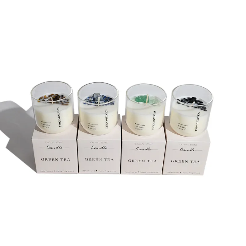 NEWIND 370g conjunto de velas perfumadas de pedra de cristal de cura de marca própria personalizada com pedra energética de luxo para presente de soja