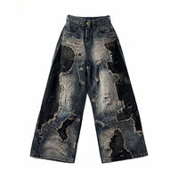 Jean en denim délavé style Wasteland tendance américain, nouveau modèle tie-dye, coupe ample et large pour l'automne