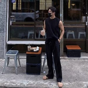 Men's Ice Silk Sleeveless Vest Set Beige Quick Dry Leisure Wear Summer Casual Fitness <b>Pants</b> Straight Hem Thin Viscose Fabric - Product Image 4