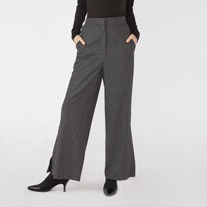 Premium Ladies Grey <strong>Pinstripe</strong> Side Split <strong>Trousers</strong> Classic Straight Leg Pants for <strong>Women</strong> - Product Image 1