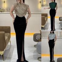 Robe longue élégante à taille haute pour femme, nouvelle année 2025, mode féminine, sans manches, drapée, fendue, décontractée, col rond, sequins, robe de soirée