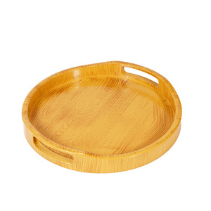 Round <b>tea</b> <b>tray</b> with handle and non-slip painted double sword series imitation wood round wood grain <b>tray</b> - Product Image 4
