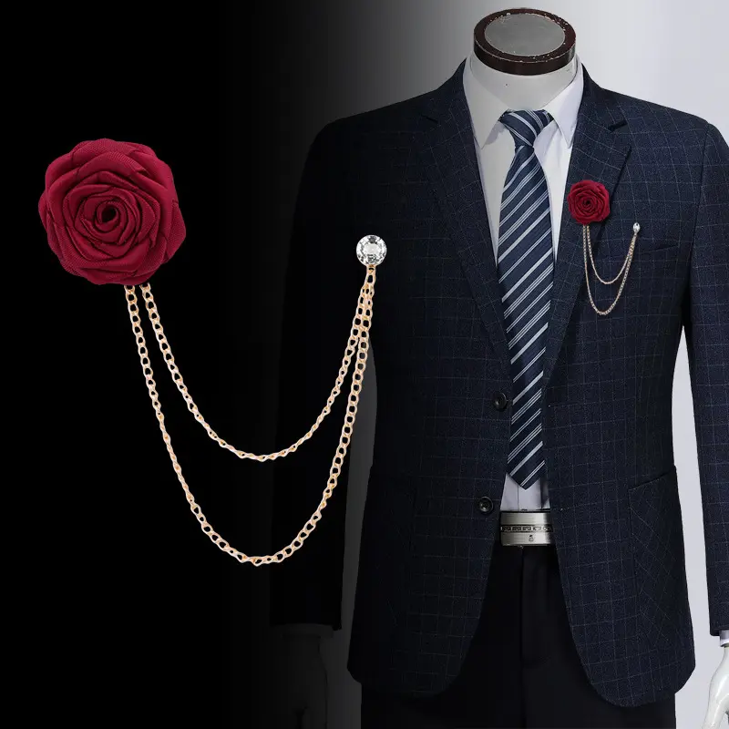 Оптовая продажа, разноцветная Мужская брошь в виде цветка розы с кисточкой на цепочке, Свадебная вечеринка