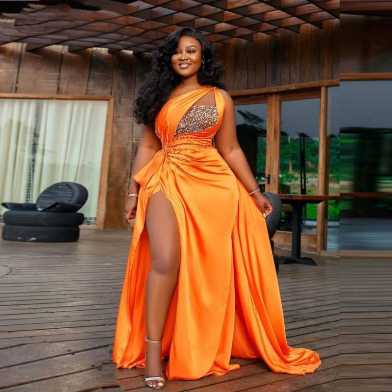 EV118 African Orange Sexy One Shoulder Prom Dresses