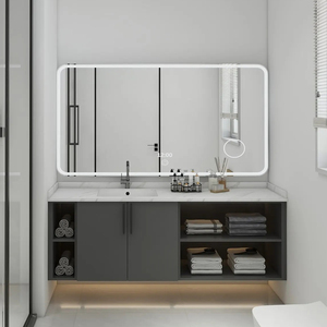 BAINENG lusso galleggiante bagno armadi e vanità moderno Design intelligente in acciaio inox bagno Set di stoccaggio con specchio - Product Image 1