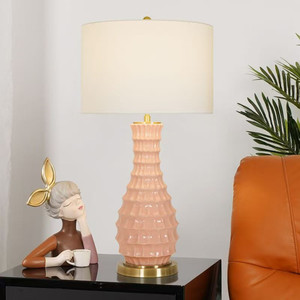 Lampe de table en céramique rose au design nordique moderne pour salon, chambre à coucher, café, villa, hôtel, abat-jour en tissu créatif, lampe de chevet - Product Image 2