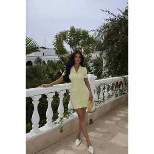 Vestido Mini Amarillo para Mujer, Tejido a Crochet, Estilo Formal Elegante, Cuello Cuadrado, Volantes, Talla XL, para Fiestas de Cumpleaños y Eventos Casuales - Product Image 1