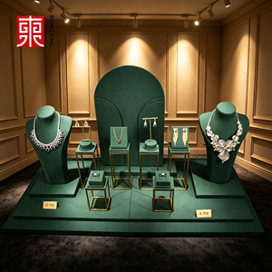 Support de présentation de bijoux de luxe permanent, ensemble de présentation de bijoux en velours vert personnalisé pour magasin de bijoux - Product Image 1
