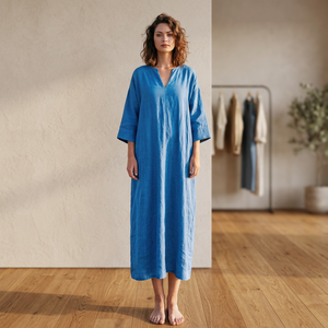 Robe midi ample à col en V, manches 3/4, poches latérales, décontractée, printemps-été, grande taille, 100% coton, tendance - Product Image 3