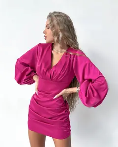 Großhandel Kleider Frauen lässig elegant neue V-Ausschnitt sexy Fuchsia schlanke Damen Wickel rock Satin enges Kleid Luxus Satin Nacht kleid