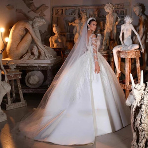 Vestidos de Novia Elegantes Personalizados de Satén con Mangas Largas de Ilusión y Apliques de Cuentas para Mujer - Product Image 4