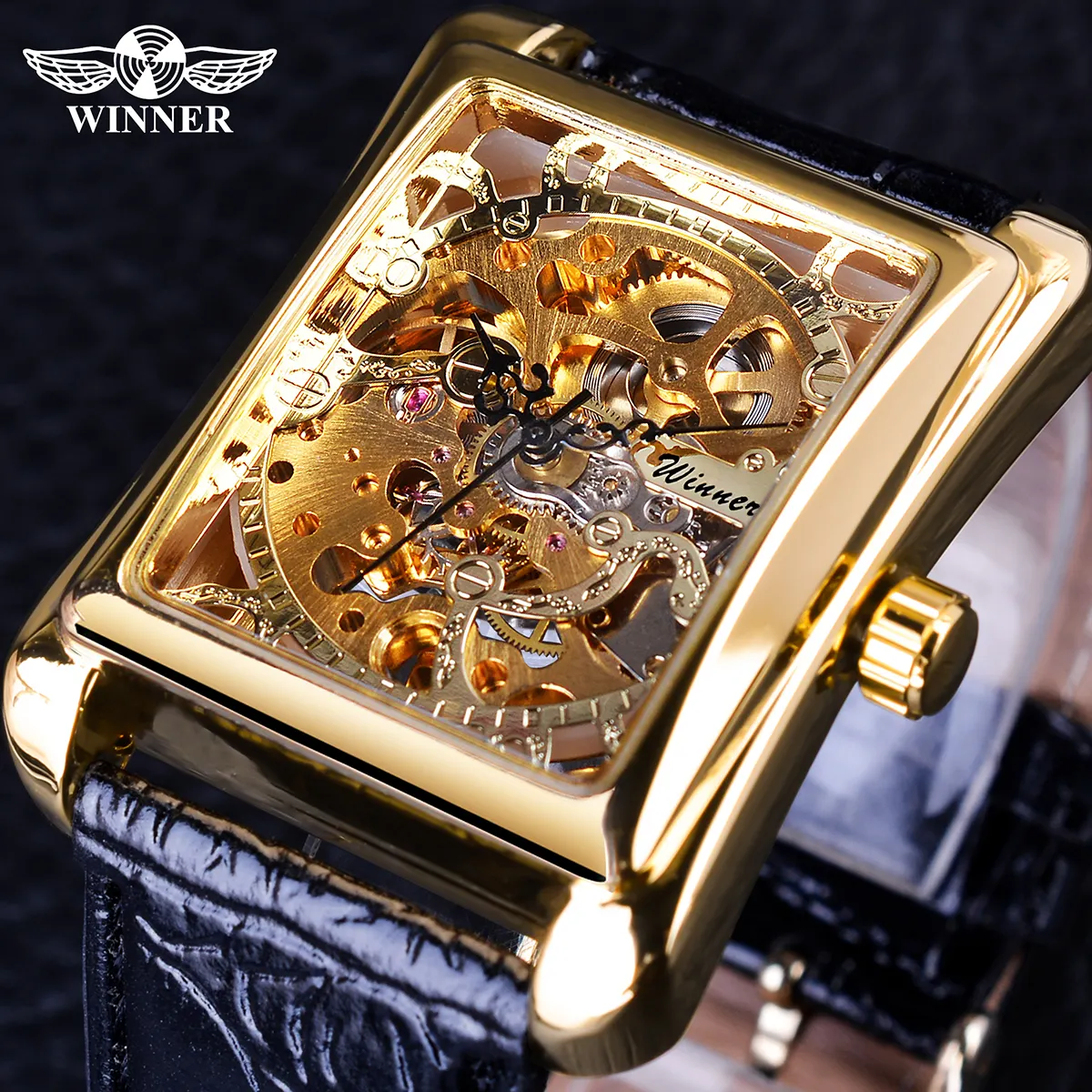 Winner Watch Retro Casual Series Rectangle Dial Design Clock Golden Pattern Skeleton Men Top Brand Luxury Mechanical Wrist Watch