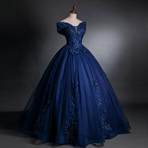 Navy Blue Off Shoulder Evening Gown Women Stage Performance Dress Solid Color Tutu Skirt Adult Size - Product Image 2