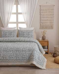 Grey Taupe Floral Cotton Quilt Hand Block Print Reversible Bedspread Boho Bedding Twin Queen <b>King</b> - Product Image 5