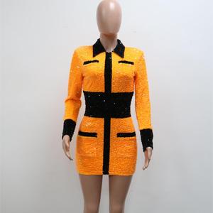 Robe pour femme <span class=keywords><strong>Unic</strong></span> Design, manches longues, col rabattu, velours, sequins, couleur contrastée, robes décontractées, vêtements pour femmes - Product Image 1