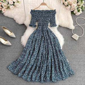 Gaun Chiffon Musim Panas Model Off-shoulder, Tanpa Lengan, Pinggang Ramping, High Waist, A-line, Elegan, Motif Bunga, Model Swing, Panjang, Grosir - Product Image 1