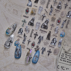 Autocollants pour ongles en PVC imperméables, fins et adhésifs, style gothique grunge, en gros, motifs croix noire et argentée, ange, Vierge Marie, pour fournitures de salon - Product Image 3