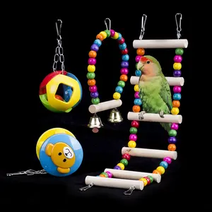 Hot Sale Wooden Bird Hanging Toys Bird Chew Toys Parrot Canary Swing Ladder Ball Toy Sets