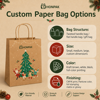Sac cadeau en papier kraft personnalisé pour Noël, imprimé en couleur, avec poignée torsadée, emballage de vente au détail pour les fêtes, HONPAK