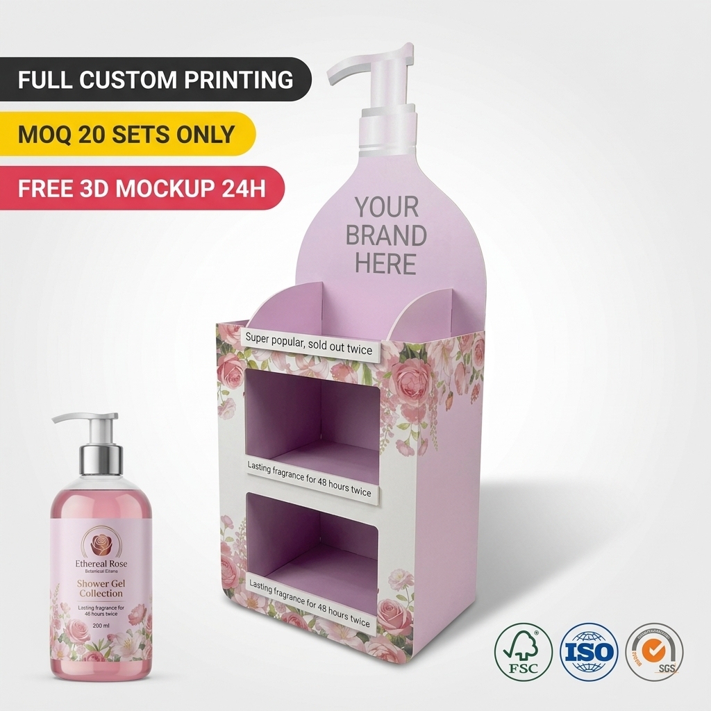 Custom POS Cardboard Floor Display Stand Retail Corrugated Supermarket Shelf Rack for Cos Body Wash Shampoo Shower Gel Skincare — view 1