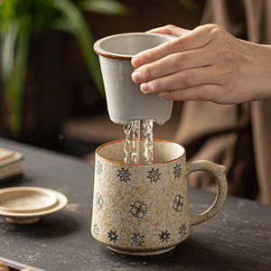 Taza de té de cerámica con tapa y filtro, diseño floral retro, para uso en oficina, juego de 3 piezas - Product Image 3