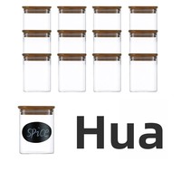 Ensemble de pots à épices carrés en verre pour la cuisine et la maison, lot de 12 pièces, couvercles en bambou, rembourrage en coton perlé inclus, étiquettes modernes