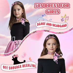 Robe Caniche Années <span class=keywords><strong>50</strong></span> pour Filles Halloween, Tenue Sock Hop Rétro avec Foulard et Serre-tête Incluant une Jupe Élégante - Product Image 3
