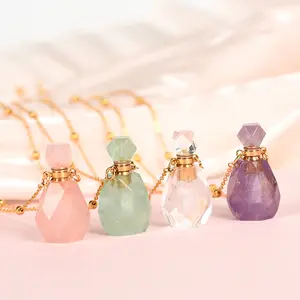 Natural Crystal Perfume Bottle Pendant Gemstone Essential Oil bottle Necklace Aromatherapy