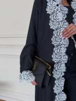 Abaya noire personnalisée Hafizah pour femme, robe longue kimono de luxe avec appliques en dentelle de rose blanche, manches chauve-souris, style islamique musulman OEM