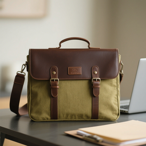 新しいデザインのグリーンキャンバス + 本革ブリーフケース高品質耐久性のある男性用キャンバスラップトップバッグカスタマイズされたロゴ付き - Product Image 6