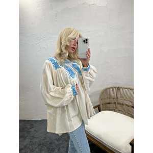 Camisa de Lino Bohemia Bordada para Mujer, Azul, Uso Diario, Transpirable, Manga Larga - Product Image 3