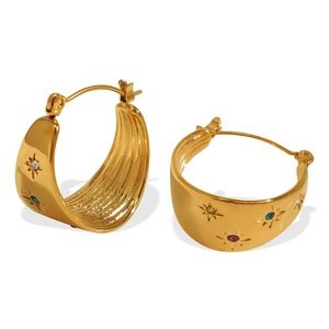 Hoop Earrings 18K Gold Plated <b>Titanium</b> Steel Inlaid Zircon Eight Pointed Star Women's Wide Hoop Everyday Wear - Product Image 5