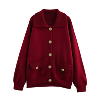 Cardigan rouge pour femme à manches longues, col rabattu, simple boutonnage, poche avant, tricoté, décontracté et tendance pour le printemps