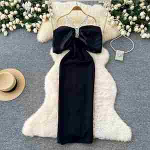 Robe midi décontractée à bretelles pour femmes, dentelle ornée de diamants, Vestidos rouge, noir, blanc - Product Image 3