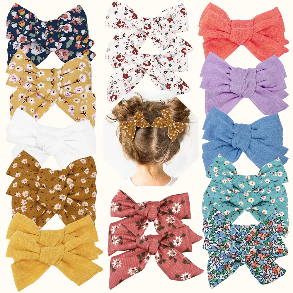 4.5 inch 2pcs Solid Floral Knot Cloth Linen Toddler Kids Hair Accessories Hairgrips Fabric Barrettes Linen Hair Bow Clips